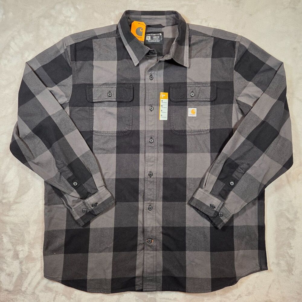Carhartt XL Gravel Gray Black Heavyweight Flannel Plaid Shirt NWT TW4451-M